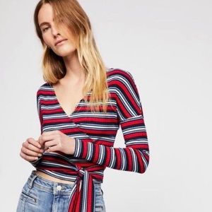 Free People “Always With Me” Red White & Blue Wrap V-Neck Ribbed Fitted Crop Top